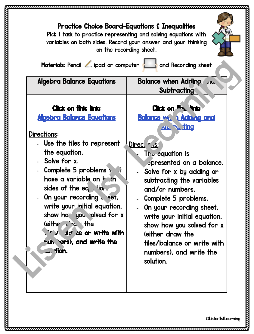 Choice Boards BUNDLE: Equations and Inequalities – Listen 1st Learning
